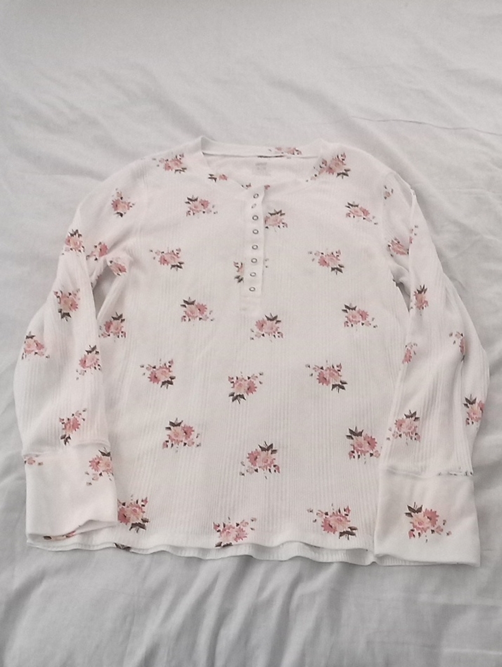 aerie White Waffle Henley Top with Pink Floral Print Size XL